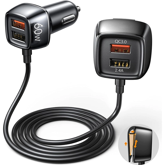 4 Port USB Car Charger Quick Charge QC3.0 5.6FT Extension Cable Mobile Phone Driving Recorder Fast Charging