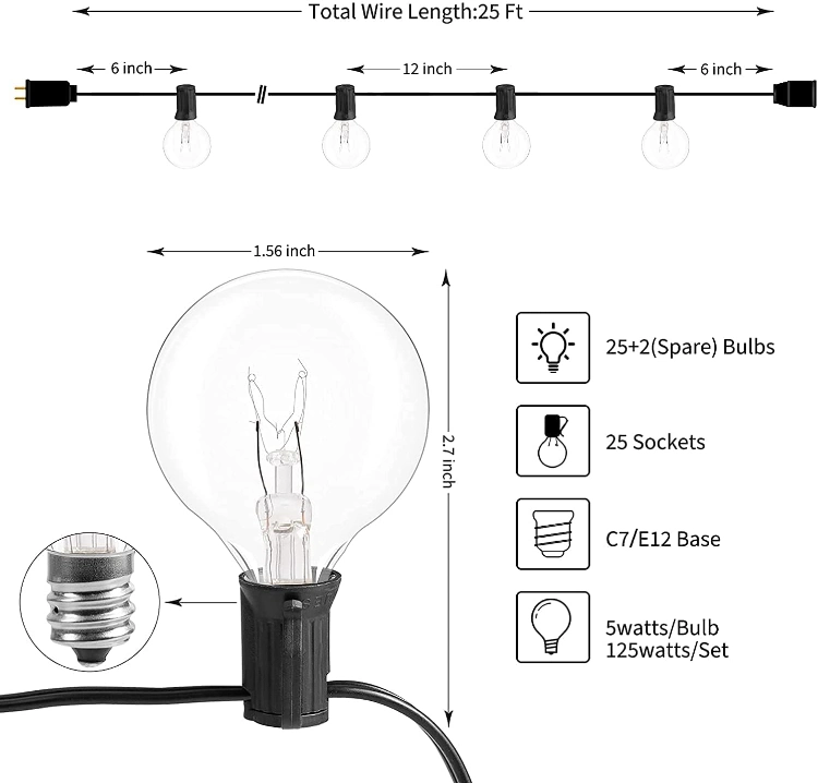 Outdoor String Lights 25 Feet G40 Globe Patio Lights with 25 Edison Glass Bulbs Waterproof Connectable Hanging Light