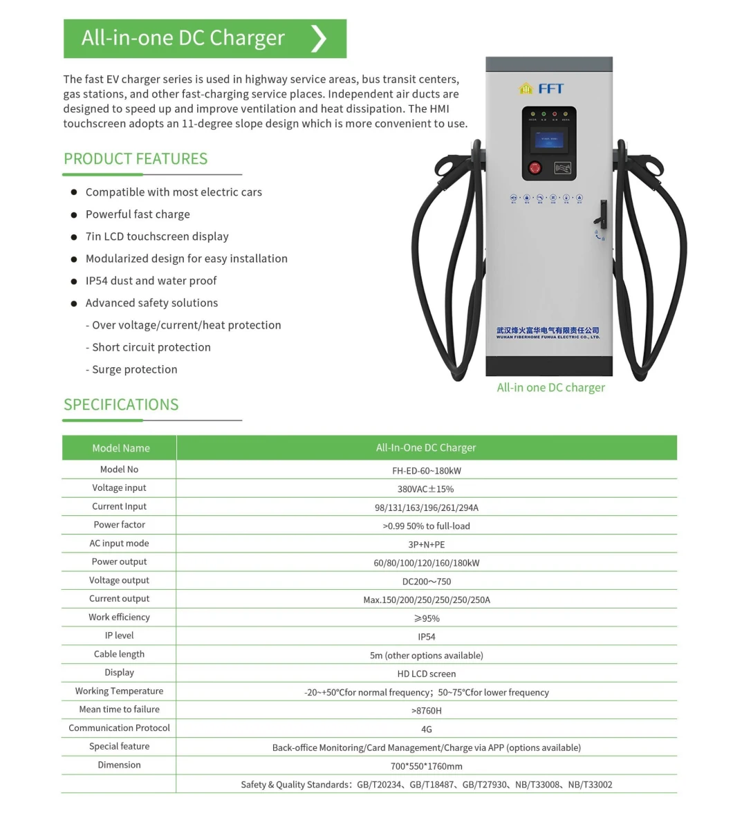 DC 60-180kw EV Charging Station Dual Connectors IP54 Ultra Powerful Electric Car Charger