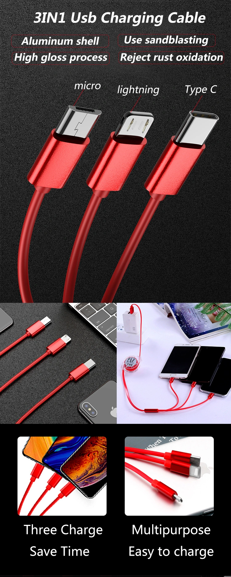 Stretch 3in1 Ios, Type C /USB C, Micro USB Charger Cable for iPhone 5 6 7 8 X Samsung Cord Wire Car Charge Mobile Phone Cables